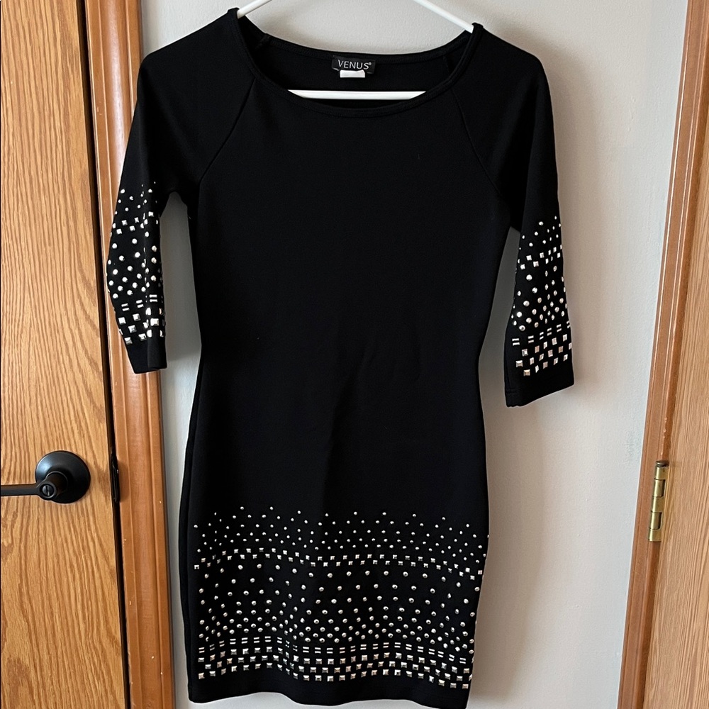 VENUS Black Long Sleeve Dress with Silver Accents